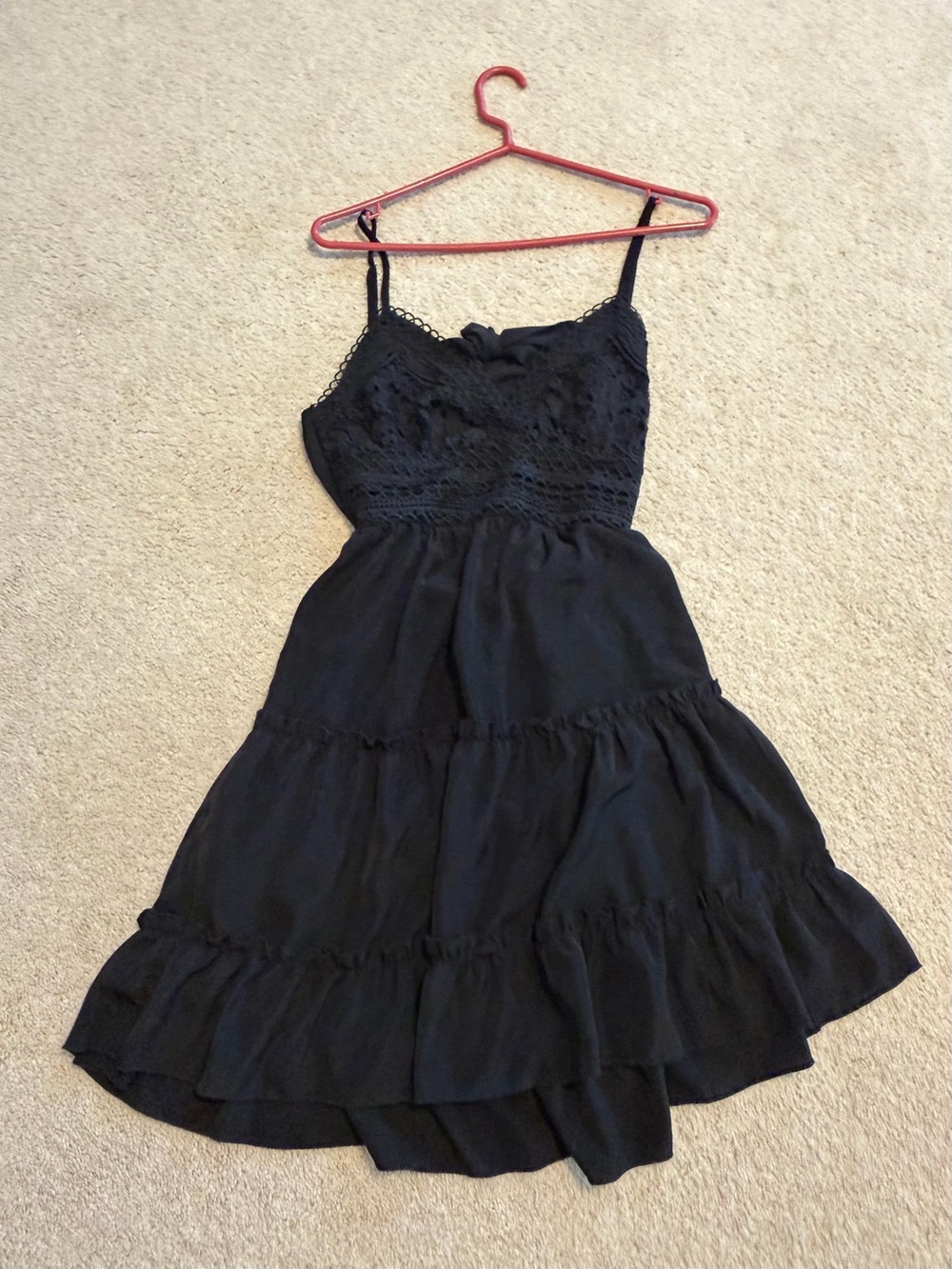 Black Lace-Trim Mini Dress with Tiered Skirt